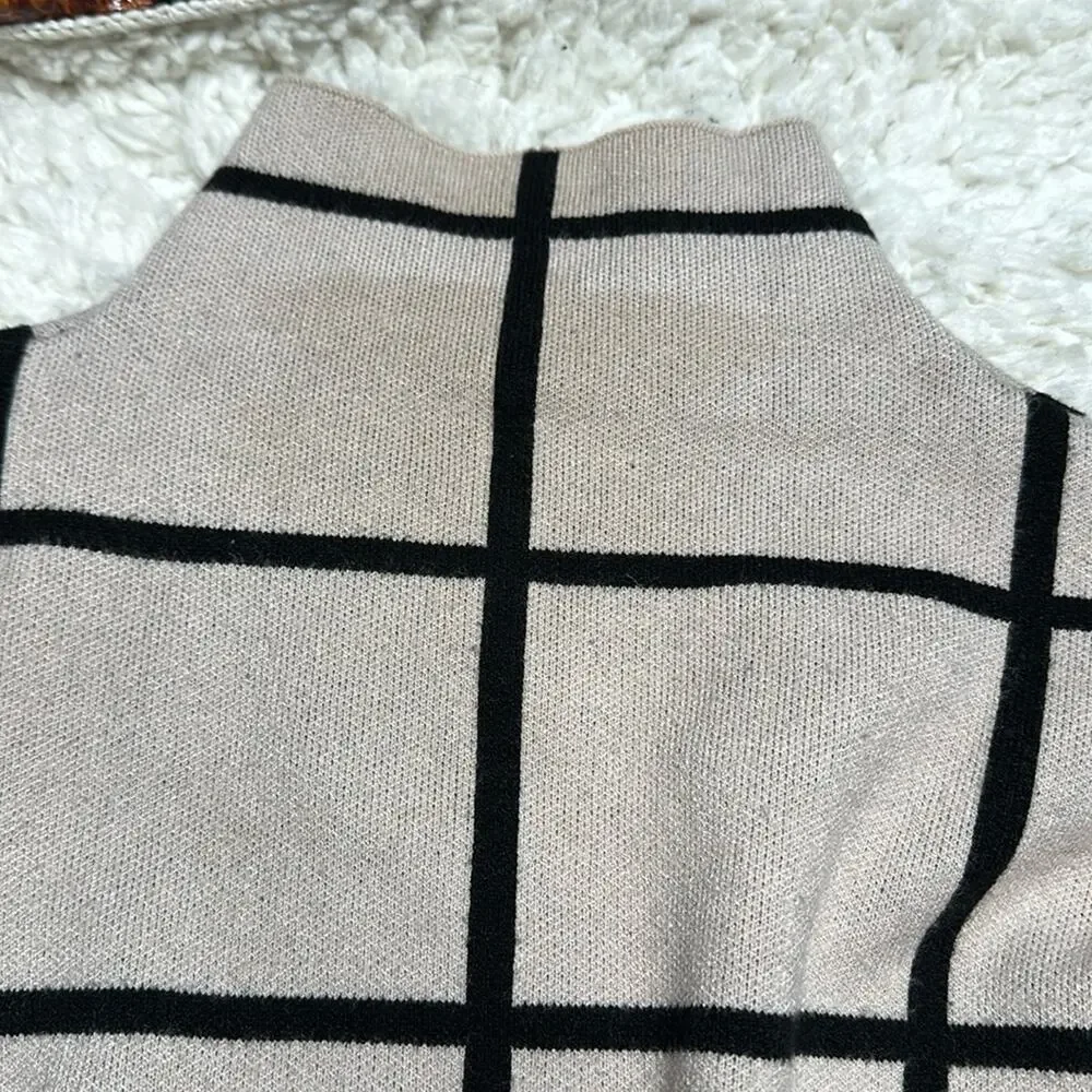 Checkered Beige Plaid Printed Oversized Sweater Dress Mini Dress Turtleneck